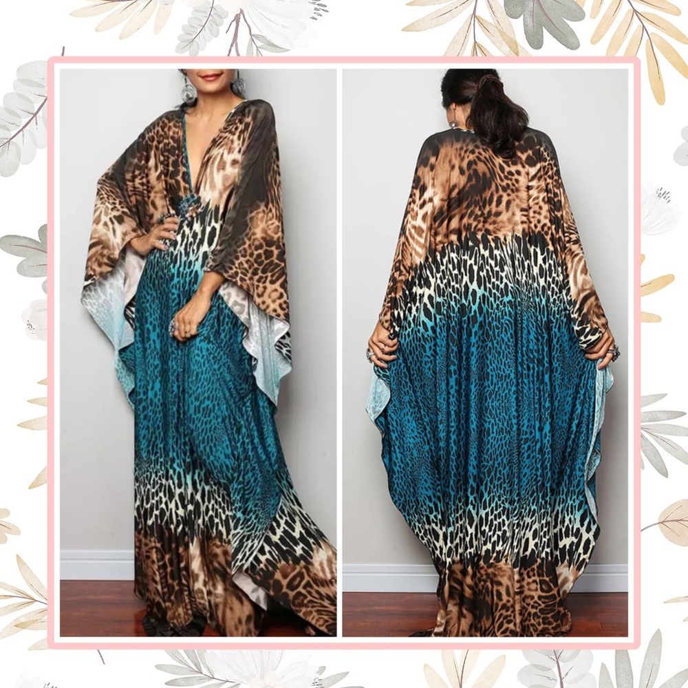 🌺 ANIMAL PRINT DRESS LONG MAXI V NECK WIDE LARGE PLUS LOUNGE RELAX CHILL BOHO